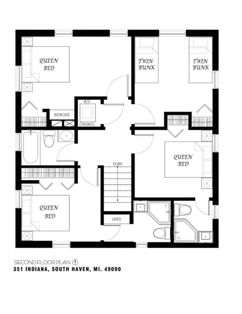 Upstairs floorplan illustrating 2 ensuite queen rooms, 1 additional queen room and a twin room, plus an additional bathroom in shared space.