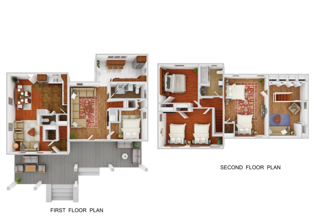 Illustrated floorplans showing two floors in these two units in the Darling Duplex property.